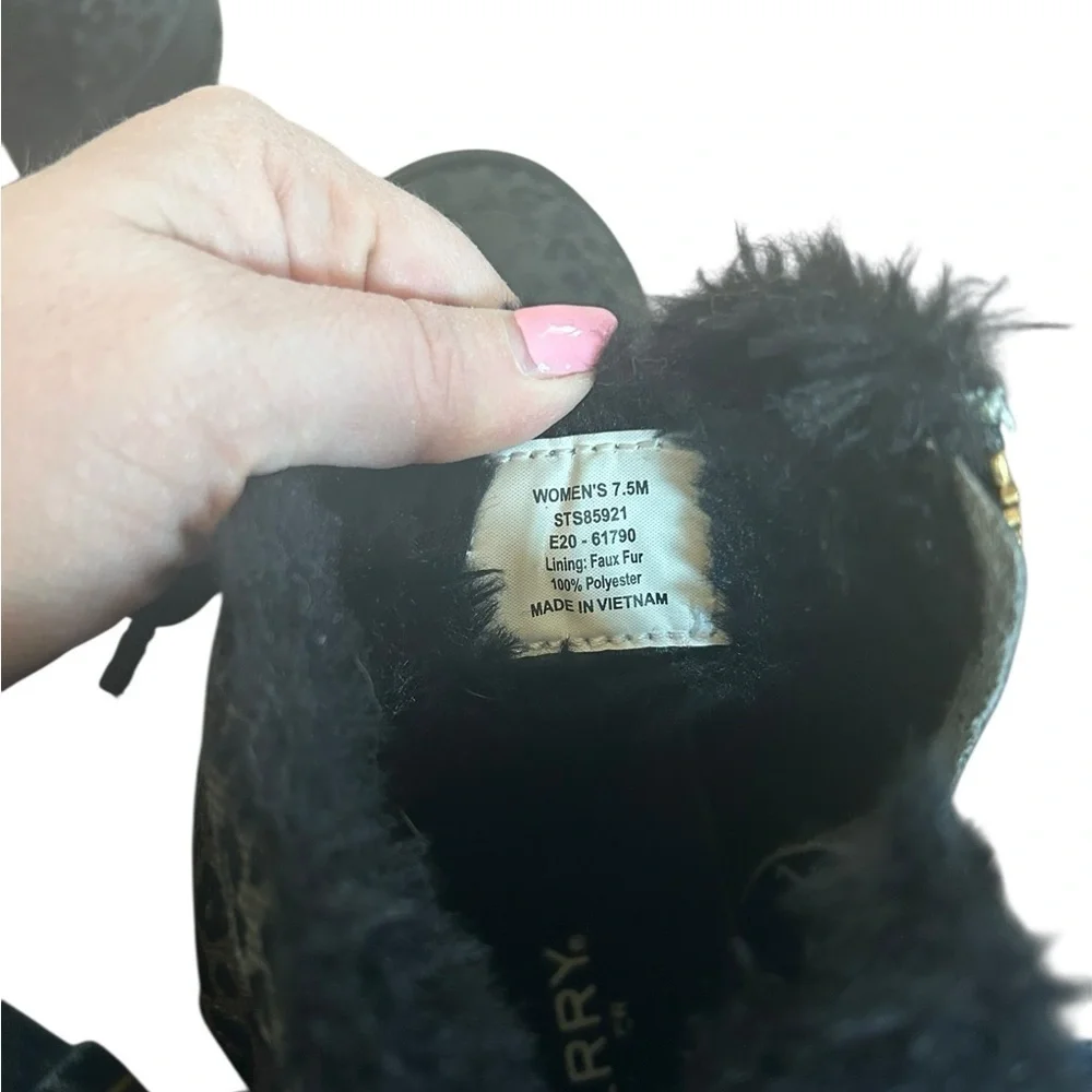 Sperry Black Leopard Crest Vibe Canvas Hightop Sneaker Fur Booties Women’s 7.5M